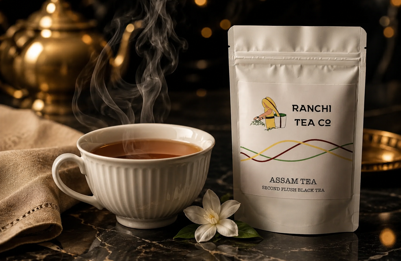 Steaming cup of tea with a package of Ranchi Tea Co. Assam Tea on a dark surface.